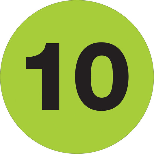 1" Circle - "10" (Fluorescent Green) Number Labels - DL6760