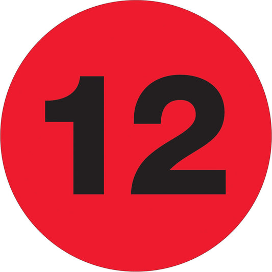 2" Circle - "12" (Fluorescent Red) Number Labels - DL6780