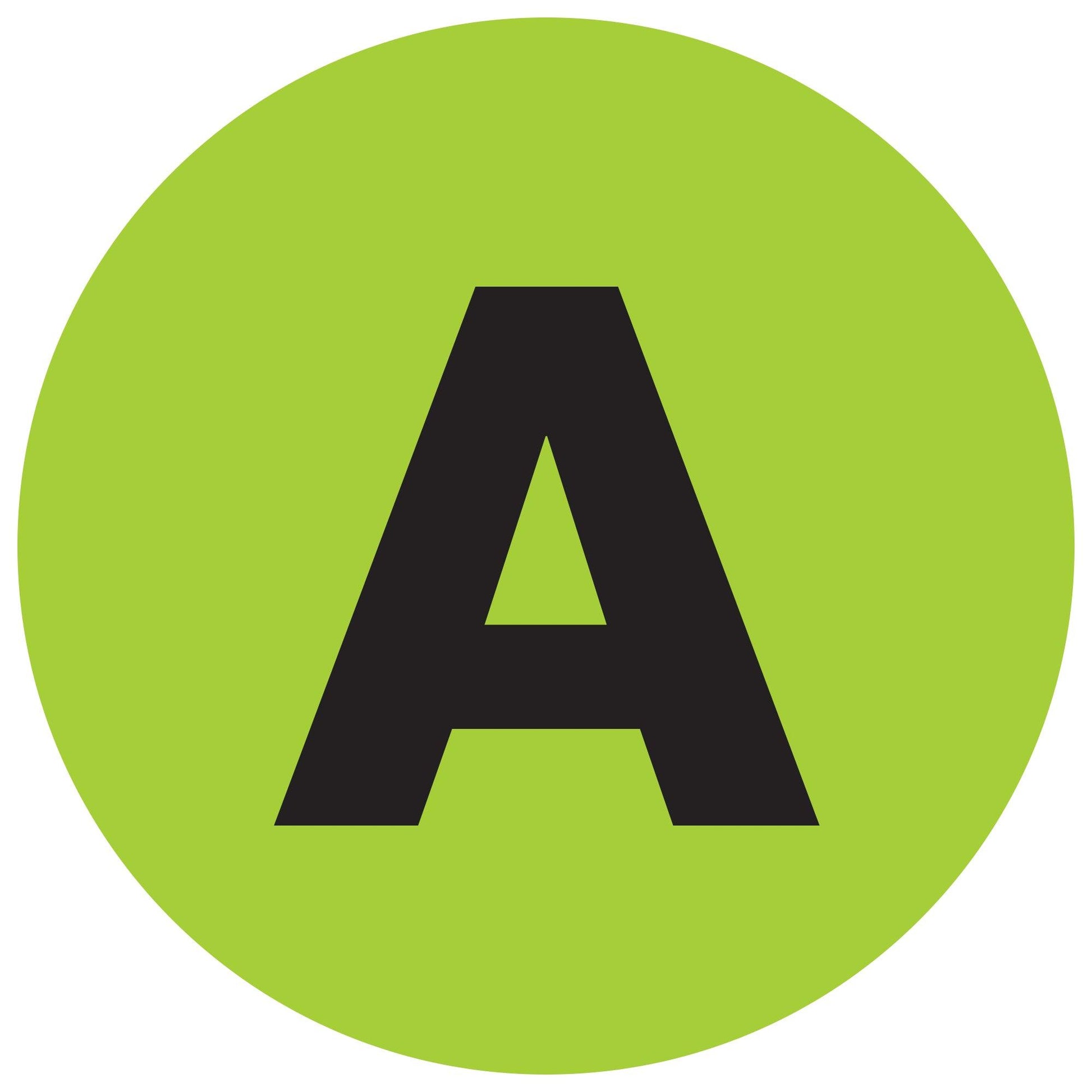 2" Circle - "A" (Fluorescent Green) Letter Labels - DL7001