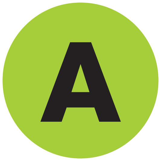 2" Circle - "A" (Fluorescent Green) Letter Labels - DL7001