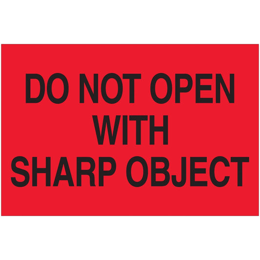 2 x 3" - "Do Not Open with Sharp Object" (Fluorescent Red) Labels - DL1618 Box Packaging Partner