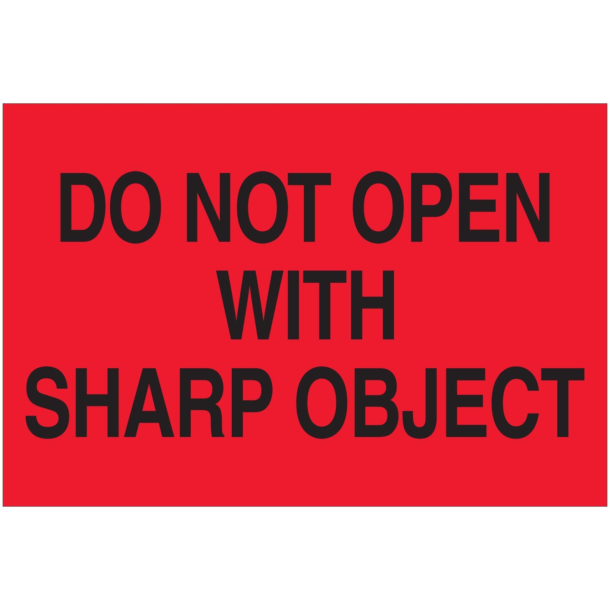 2 x 3" - "Do Not Open with Sharp Object" (Fluorescent Red) Labels - DL1618