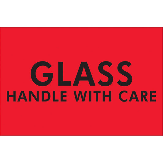 2 x 3" - "Glass - Handle With Care" (Fluorescent Red) Labels - DL3621