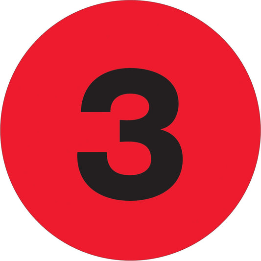 3" Circle - "3" (Fluorescent Red) Number Labels - DL1343