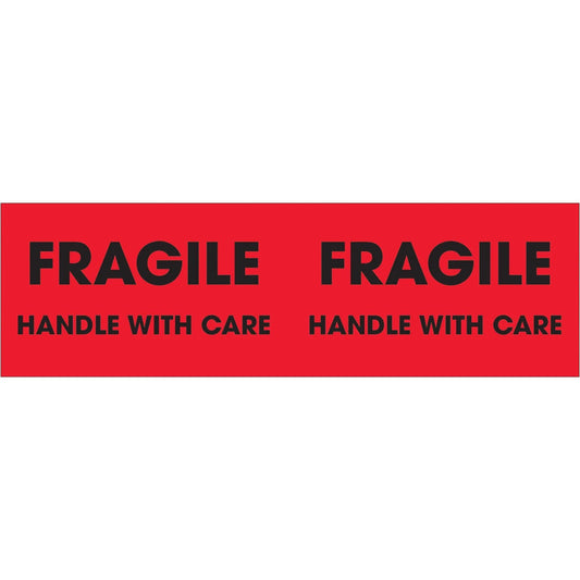 3 x 10" - "Fragile - Handle With Care" (Fluorescent Red) Labels - DL3131 Box Packaging Partner