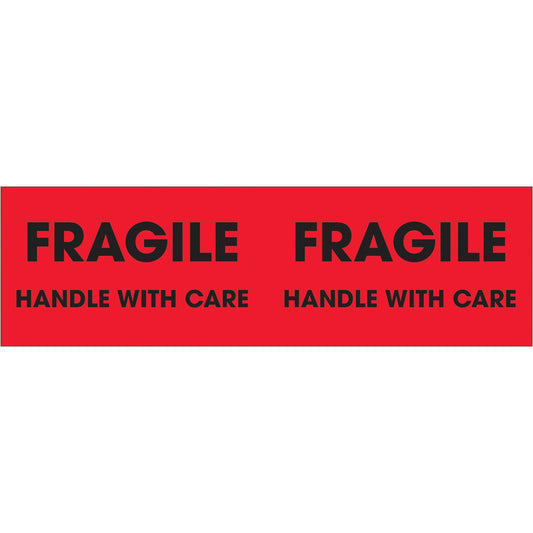 3 x 10" - "Fragile - Handle With Care" (Fluorescent Red) Labels - DL3131