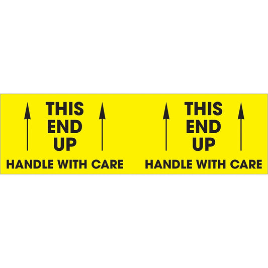 3 x 10" - "This End Up - Handle With Care" (Fluorescent Yellow) Labels - DL3151 Box Packaging Partner