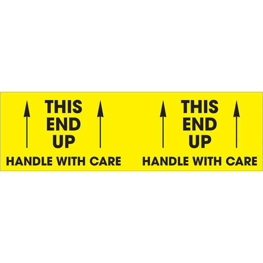 3 x 10" - "This End Up - Handle With Care" (Fluorescent Yellow) Labels - DL3151