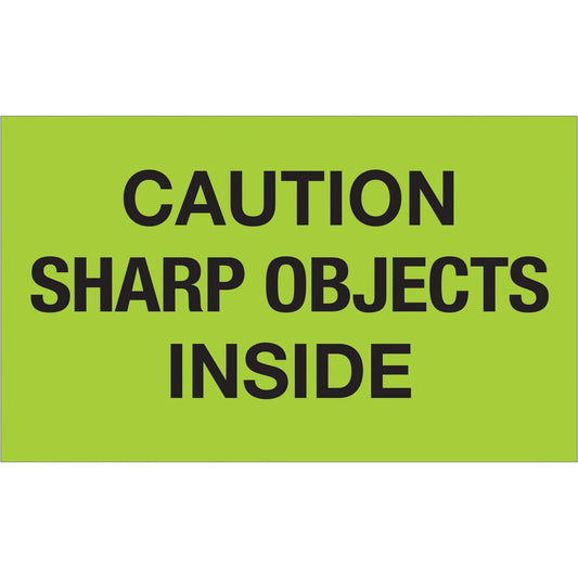 3 x 5" - "Caution Sharp Objects Inside" (Fluorescent Green) Labels - DL1126 Box Packaging Partner
