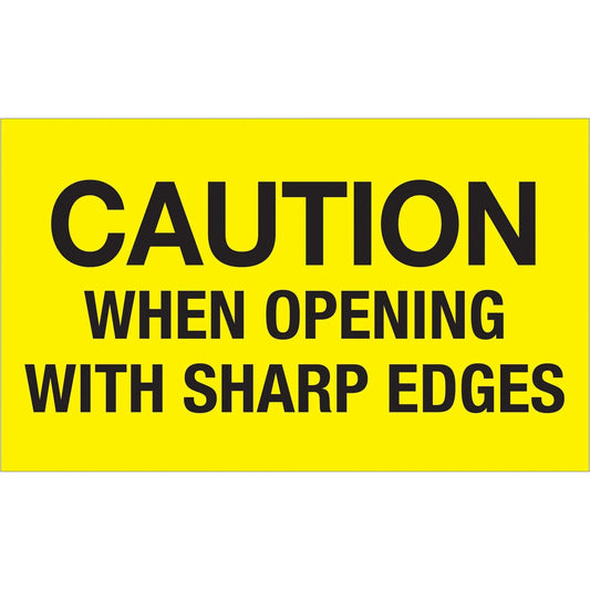 3 x 5" - "Caution When Opening With Sharp Edges" (Fluorescent Yellow) Labels - DL1224 Box Packaging Partner
