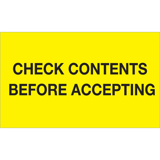 3 x 5" - "Check Contents Before Accepting" (Fluorescent Yellow) Labels - DL1227