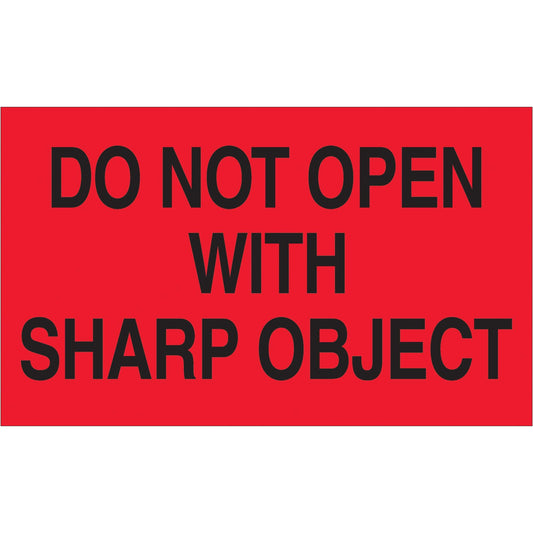 3 x 5" - "Do Not Open with Sharp Object" (Fluorescent Red) Labels - DL2221