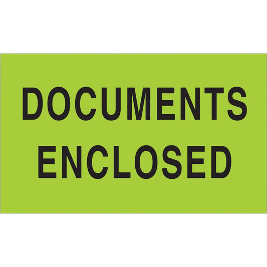 3 x 5" - "Documents Enclosed" (Fluorescent Green) Labels - DL2141 Box Packaging Partner