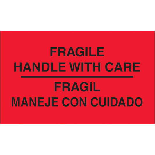 3 x 5" - "Fragil - Maneje Con Cuidado" (Fluorescent Red) Bilingual Labels - DL3011