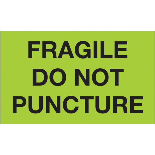 3 x 5" - "Fragile - Do Not Puncture" (Fluorescent Green) Labels - DL1197