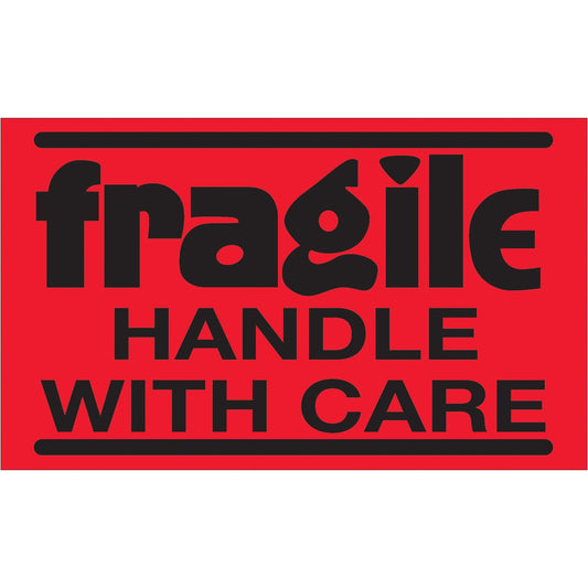 3 x 5" - "Fragile - Handle With Care" (Fluorescent Red) Labels - DL1071