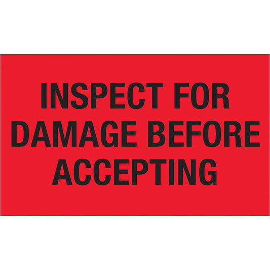 3 x 5" - "Inspect For Damage Before Accepting" (Fluorescent Red) Labels - DL1219 Box Packaging Partner