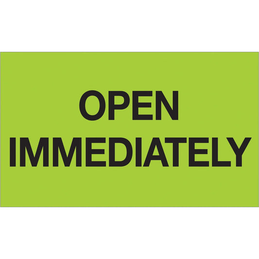 3 x 5" - "Open Immediately" (Fluorescent Green) Labels - DL1217 Box Packaging Partner