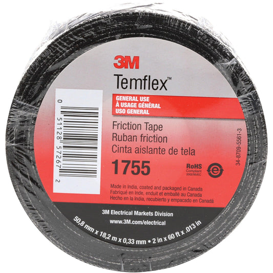 3/4" x 60' Black (10 Pack) 3M™ 1755 Cotton Friction Tape - T964175510PK