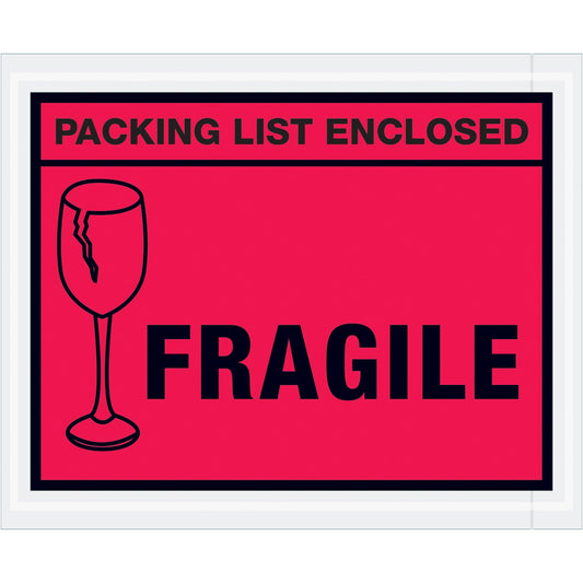 4 1/2 x 5 1/2" Red "Packing List Enclosed - Fragile" Envelopes - PL493