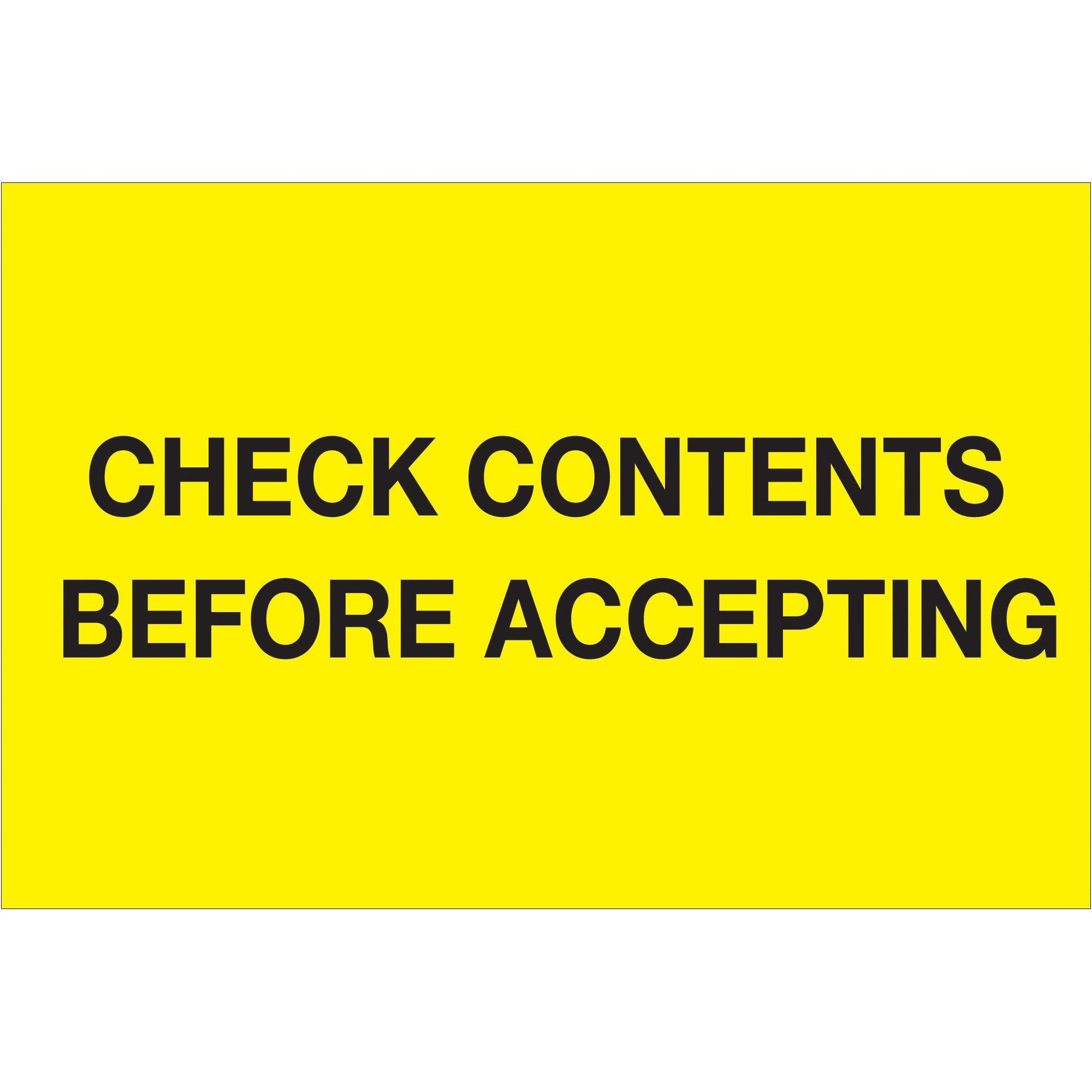 4 x 6" - "Check Contents Before Accepting" (Fluorescent Yellow) Labels - DL1332