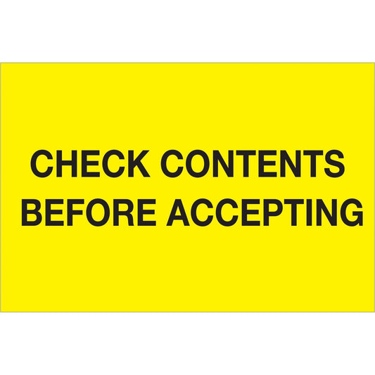 4 x 6" - "Check Contents Before Accepting" (Fluorescent Yellow) Labels - DL1332