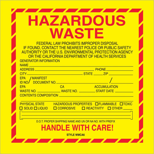 6 x 6" - "Hazardous Waste - California" Labels - DL7510