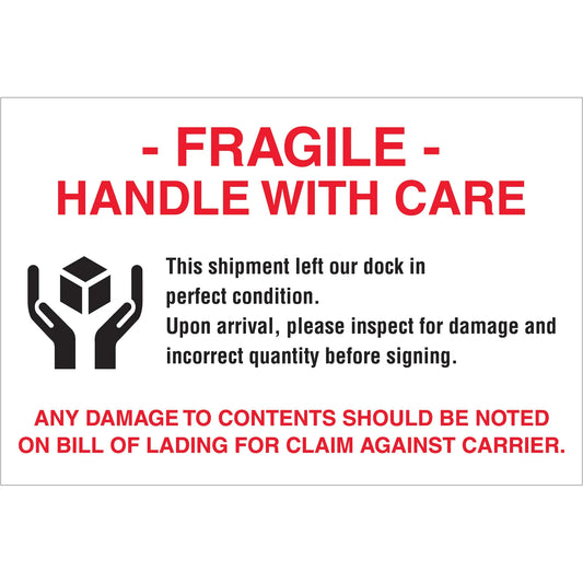 "Fragile - Handle With Care" Labels, 4 x 6" - DL3191 Box Packaging Partner